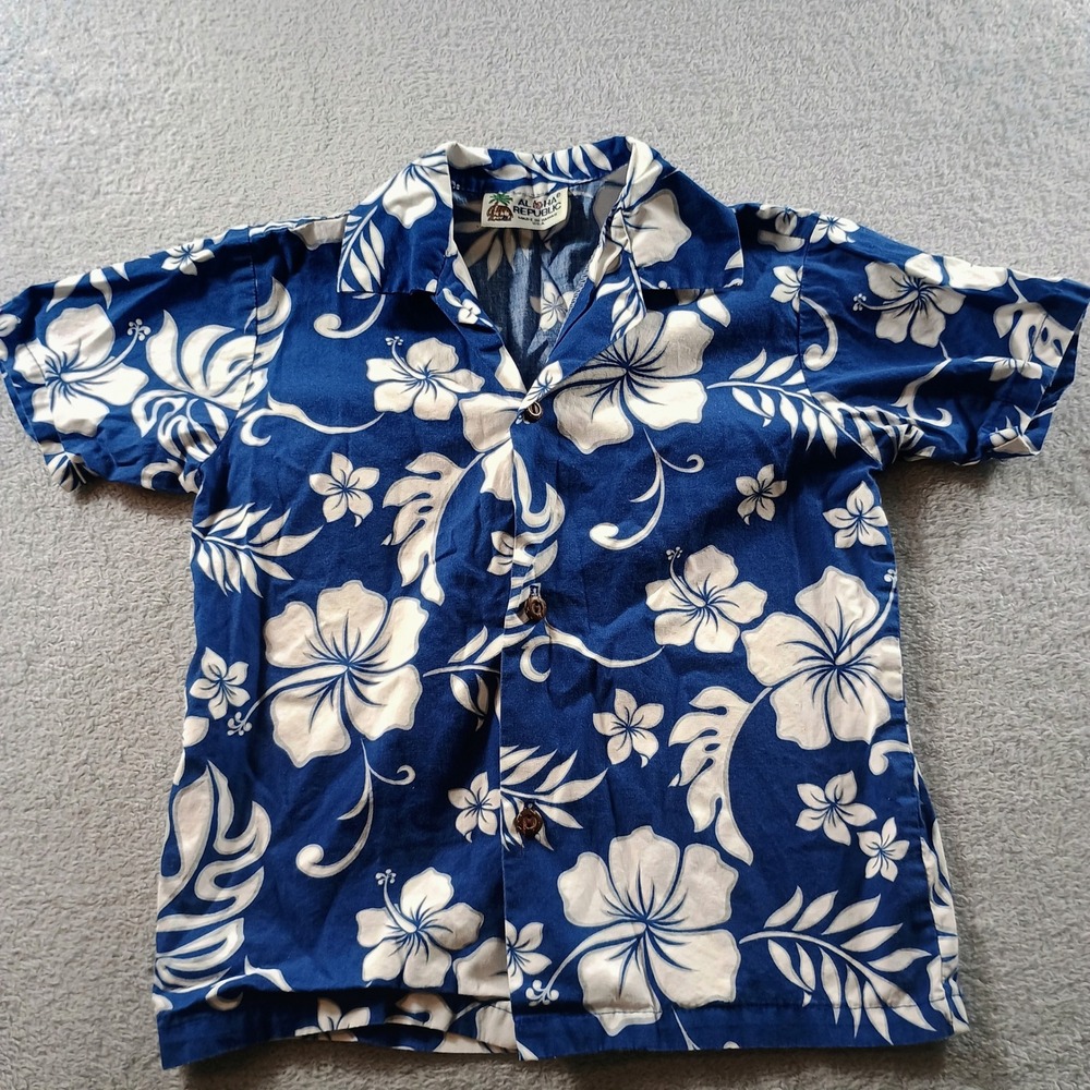 Aloha Republic Boys Shirt Blue White Hibiscus Floral Size S Made in Hawaii‎